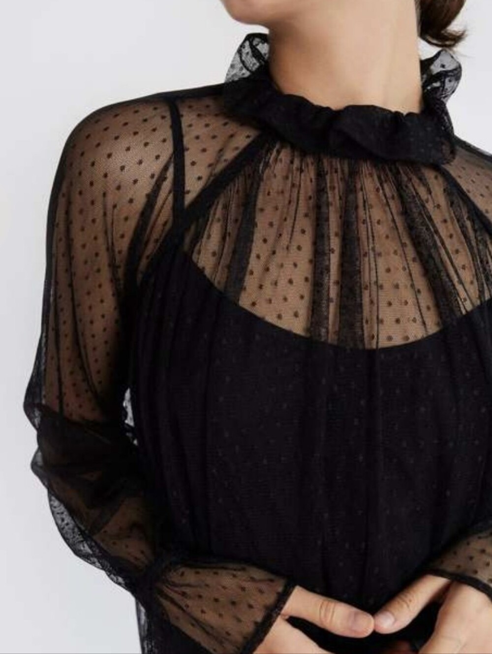 MILLE Sheer Swiss Dot High-Neck Blouse - Black
